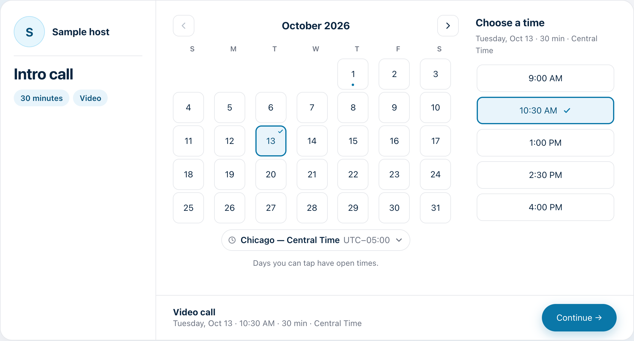 The MyAppointment booking page: the host and meeting on the left, a month calendar with a day chosen, the open times for that day with one selected, the time zone, and a Continue button