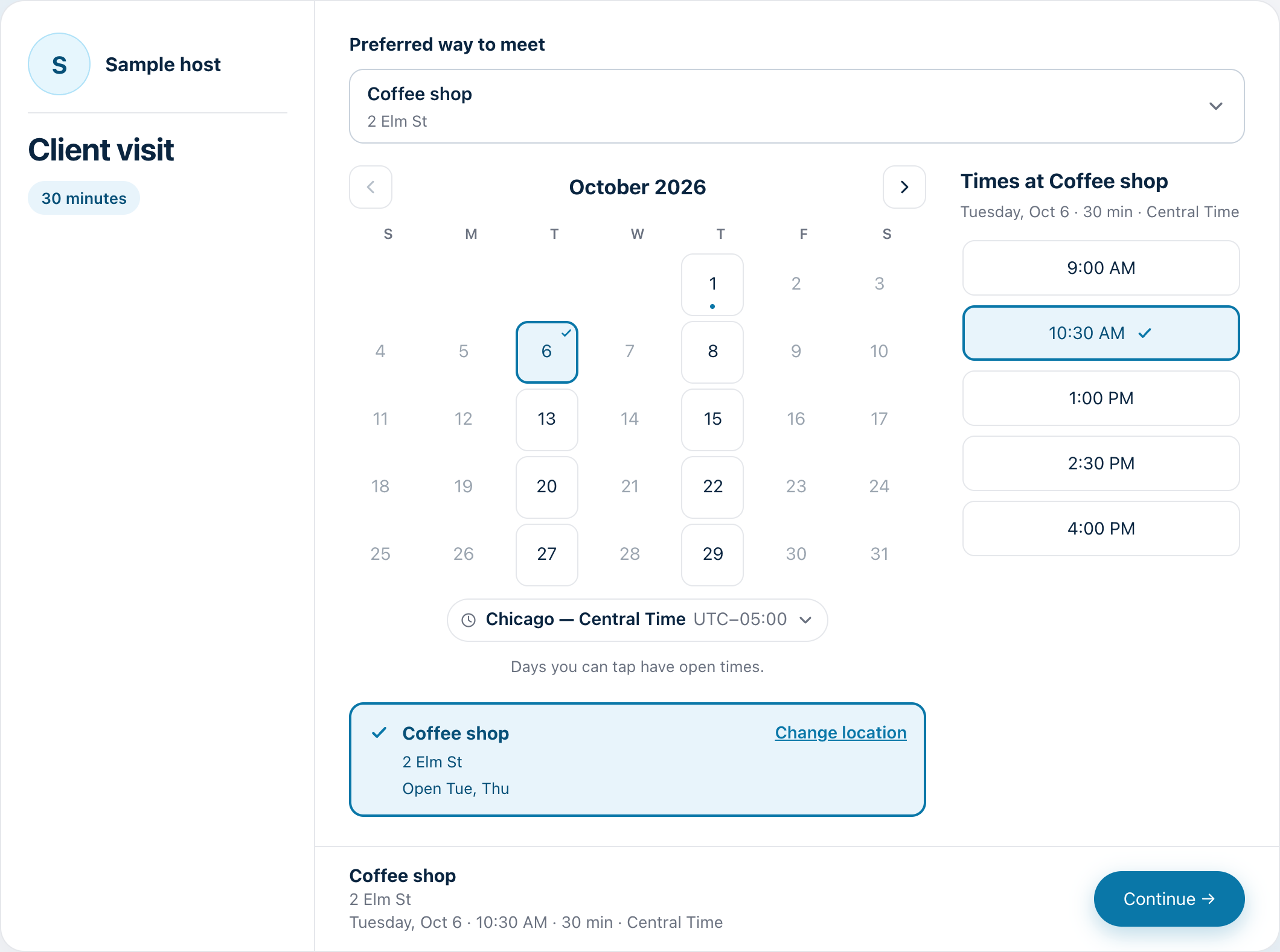 The booking page with the coffee shop chosen as the preferred place: only the days it is open can be tapped, and the open times for the chosen day are listed