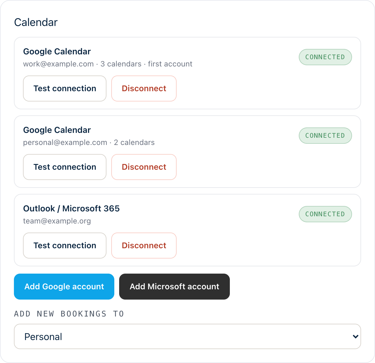 Settings, Calendar: three connected accounts (two Google, one Microsoft) with sample addresses, and a menu for choosing which account new bookings are added to
