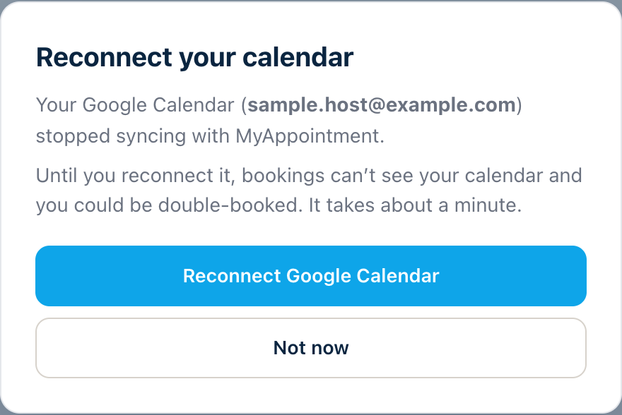 The Reconnect your calendar pop-up: it says the calendar stopped syncing and offers a Reconnect button