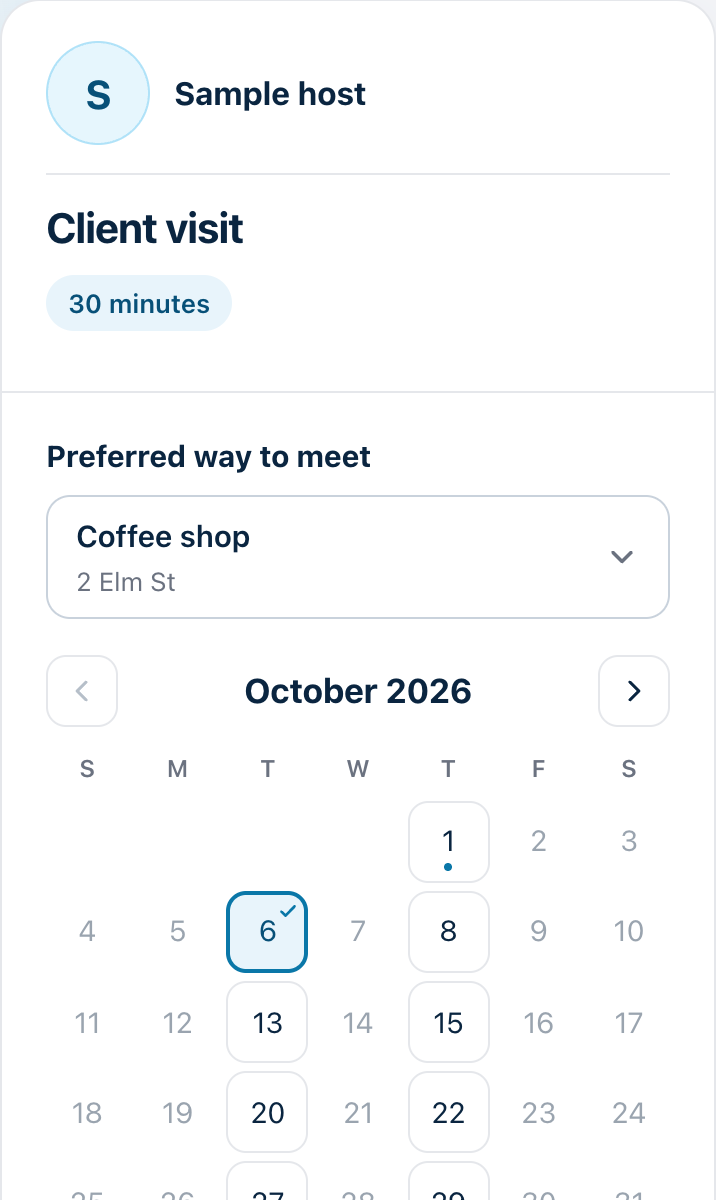 The booking page on a phone with Coffee shop chosen as the preferred place: only the days it is open, Tuesdays and Thursdays, can be tapped