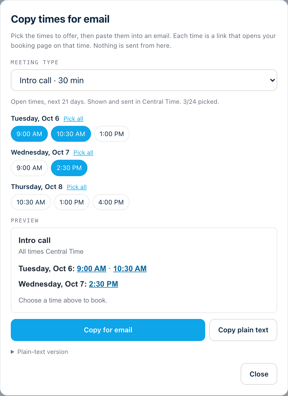 The Copy times for email screen: pick open times and see the email preview with each time as a link