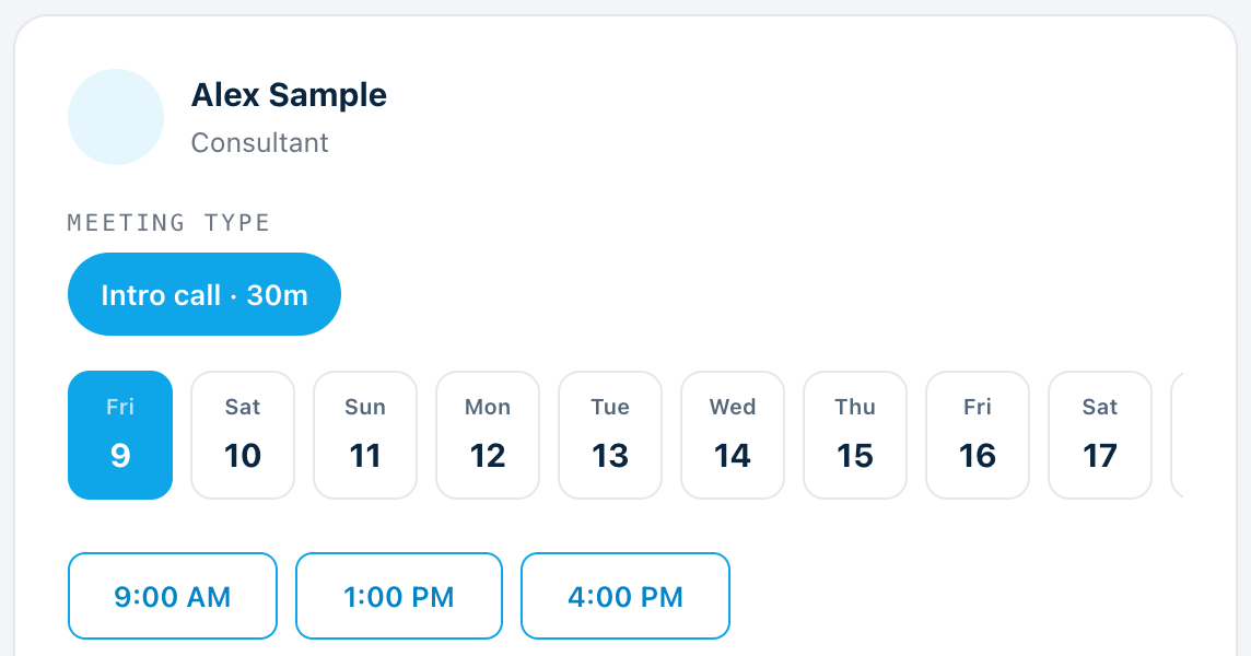 Looking up another MyAppointment user: their profile, their meeting type, a strip of days, and a short list of open times that also work on the viewer calendar