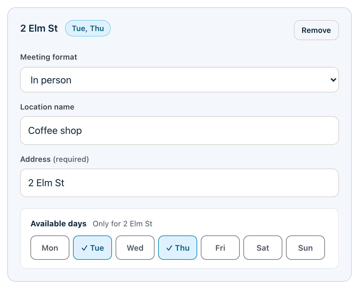 The location editor with an Available days row where Tuesday and Thursday are chosen