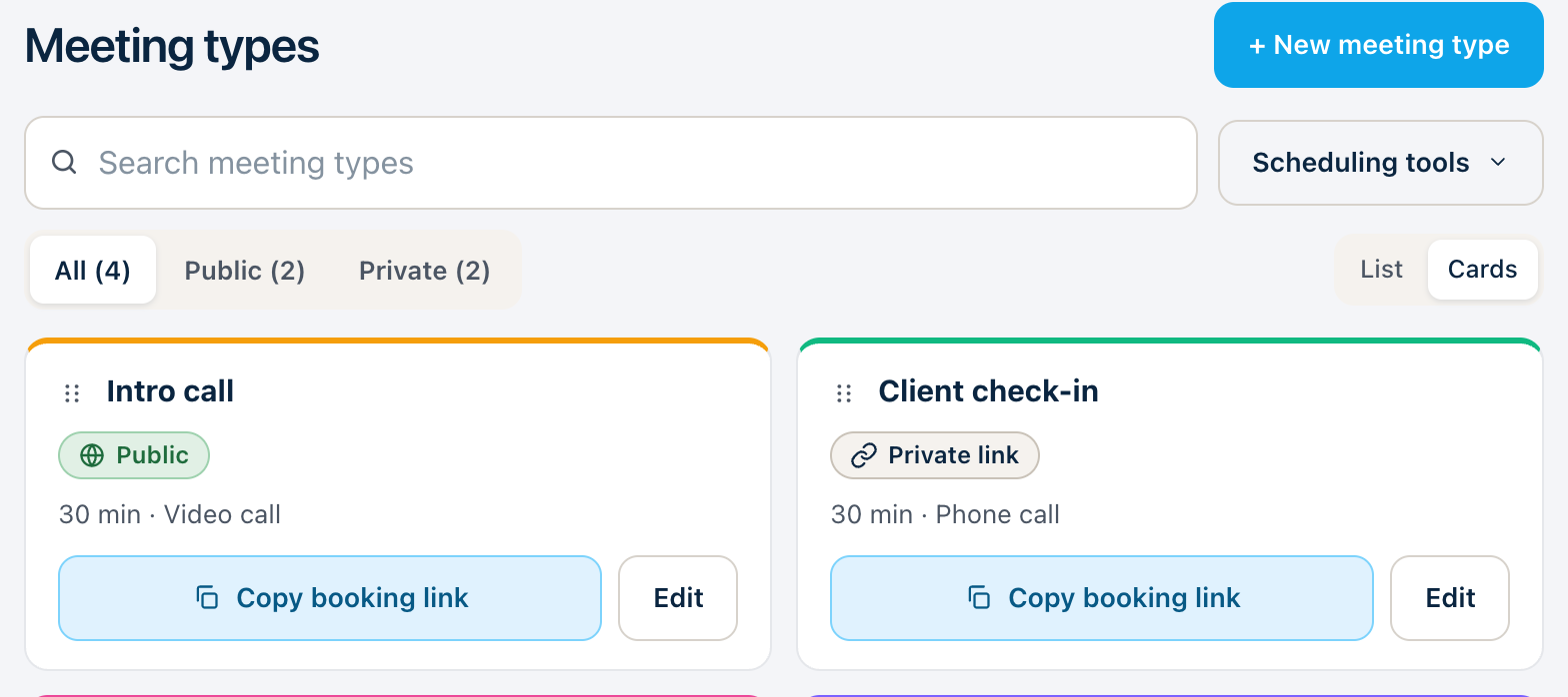 The Meeting types screen: a card for each meeting type, with a Public or Private link label and a Copy booking link button