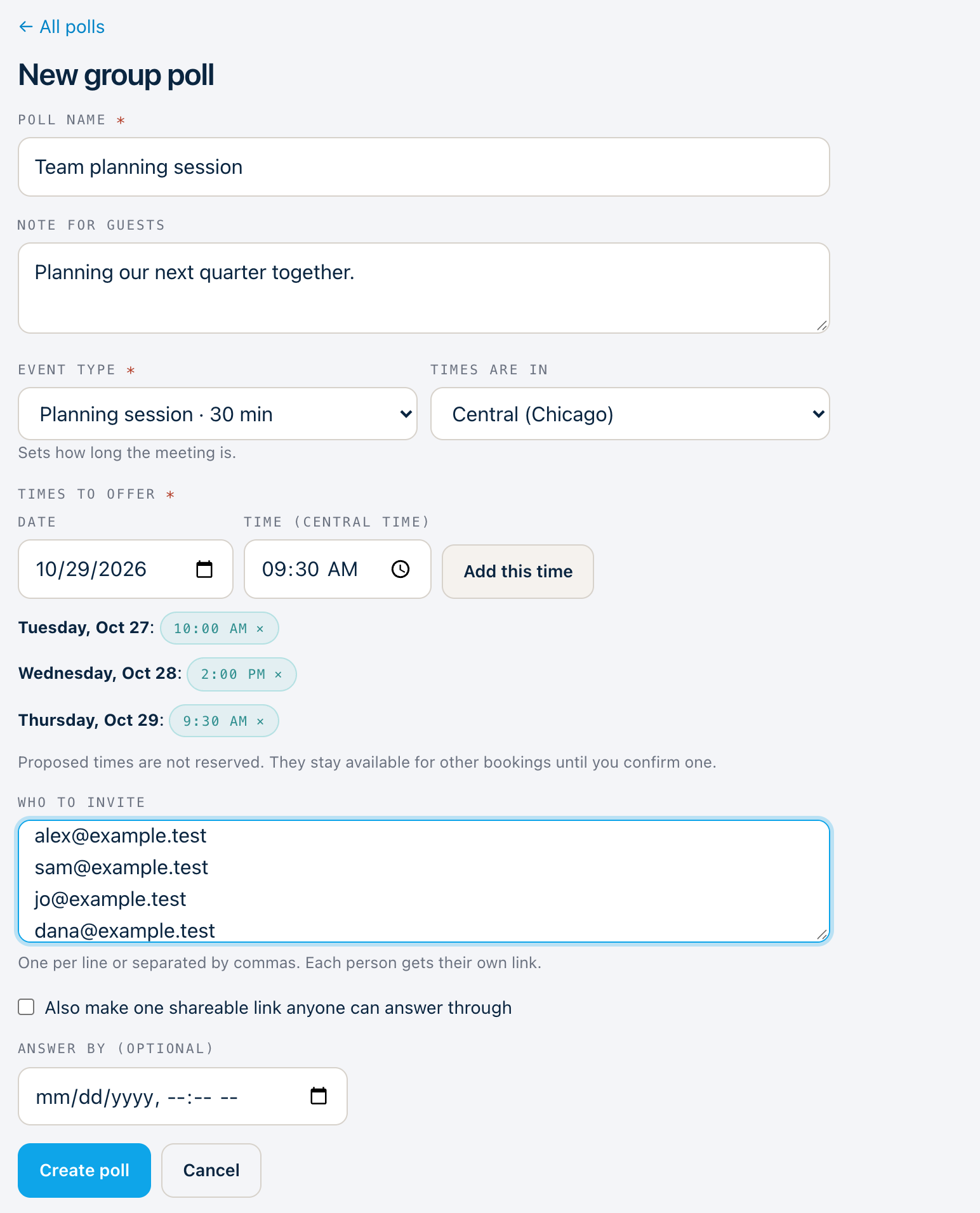 The New group poll form: a poll name, a note for guests, three proposed times, and the people to invite
