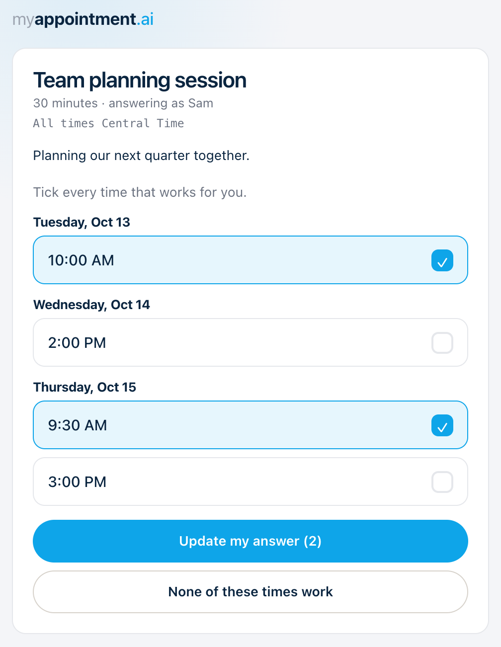 The poll page a participant sees: four times to tick, an Update my answer button, and None of these times work