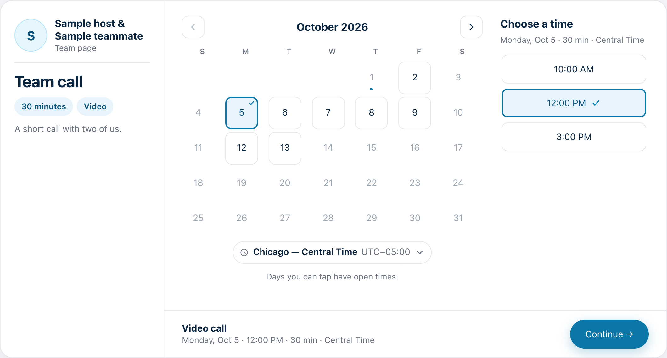 A shared team page as a guest sees it: the two hosts and the meeting on the left, a month calendar with open days, a chosen day with three open times, and a Continue button
