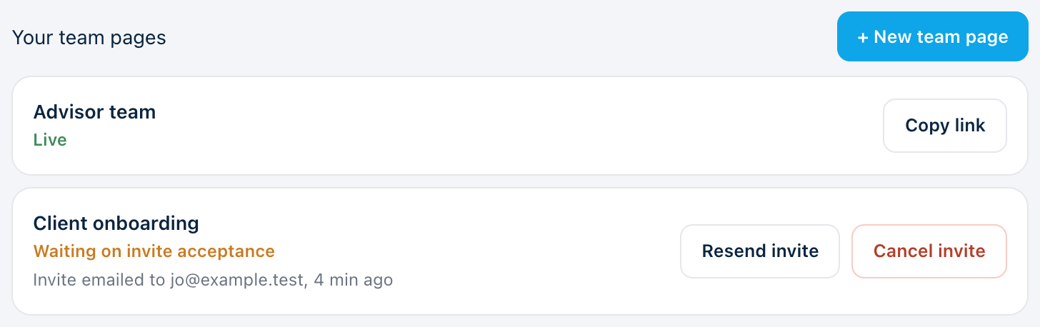 The Team pages screen: one live team page, and one waiting on an invite with Resend and Cancel buttons